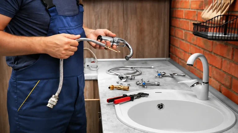 Plumber replacing a kitchen faucet and hose in Peoria