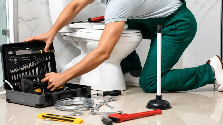 Plumber toolbox and plunger ready for toilet repair in Peoria